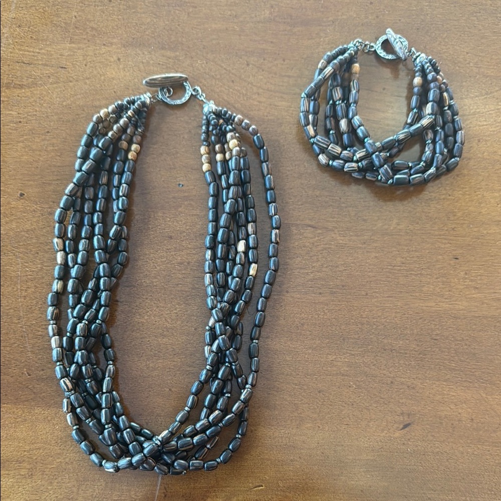 Elegant Multi-Strand Silpada Brown Wood Beaded Necklace and Bracelet Set